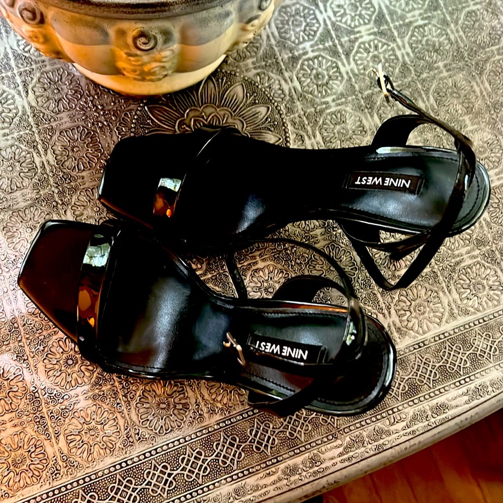 Nine West, black patent leather, 4 inch high heels, sandals.